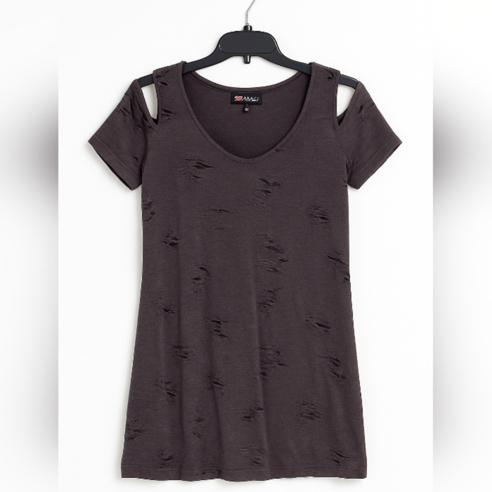 Poof! Distressed Cold Shoulder Scoop Neck Short Sleeve Tunic Tee Top Gray Medium